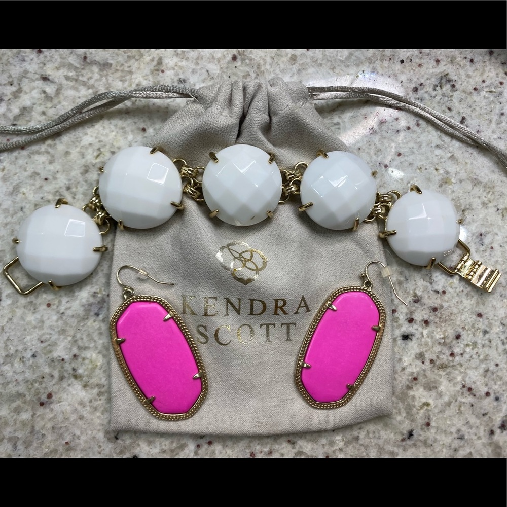 Pink Danielle Kendra Scott Earrings and White Stoned Kendra Scott Bracelet